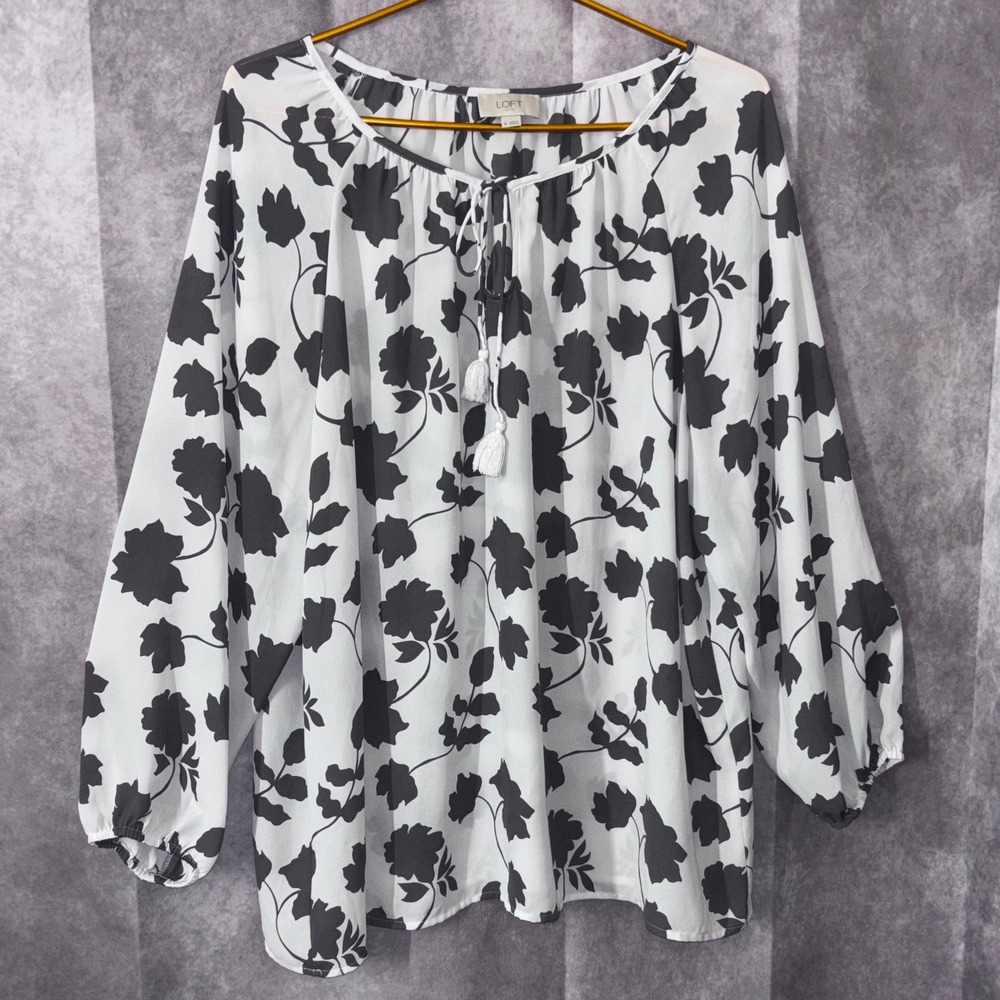 LOFT Outlet Tassel Tie Blouse Leaves Fall Women XL White Black Cottagecore Flowy